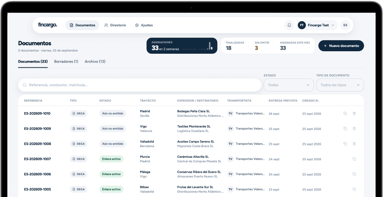 Fincargo DeCA back-office: list of issued documents with status, route, shipper and carrier