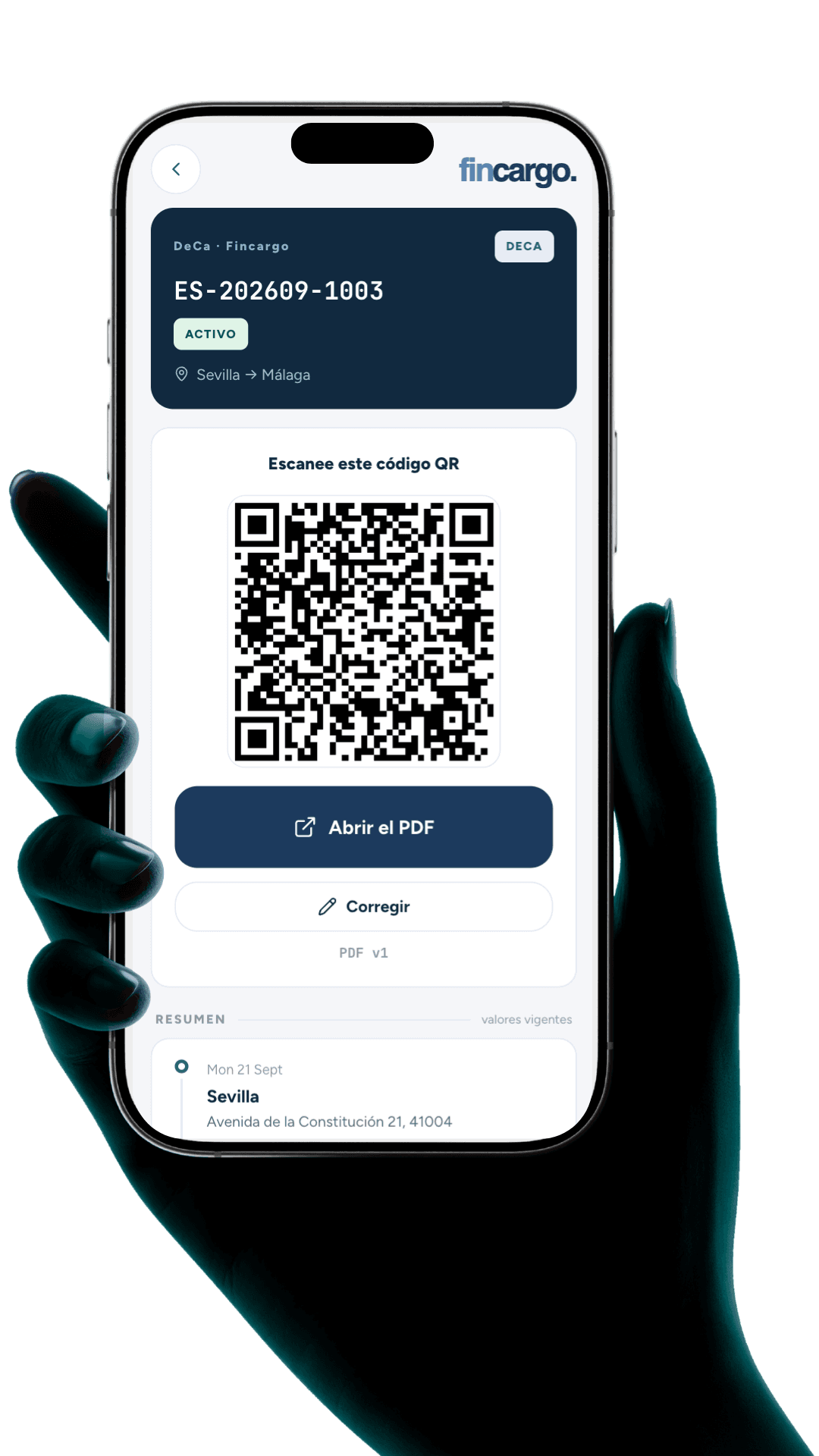 Fincargo driver app showing an active DeCA with its inspection QR code, Sevilla → Málaga